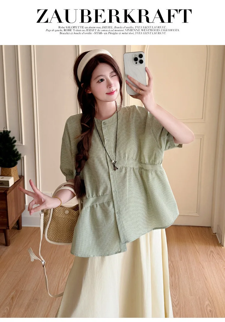 Maternity Suit Summer 2026 Green plaid doll shirt and Beige A Line Skirt Two Piece Set Gentle Cute For Pregnant Women