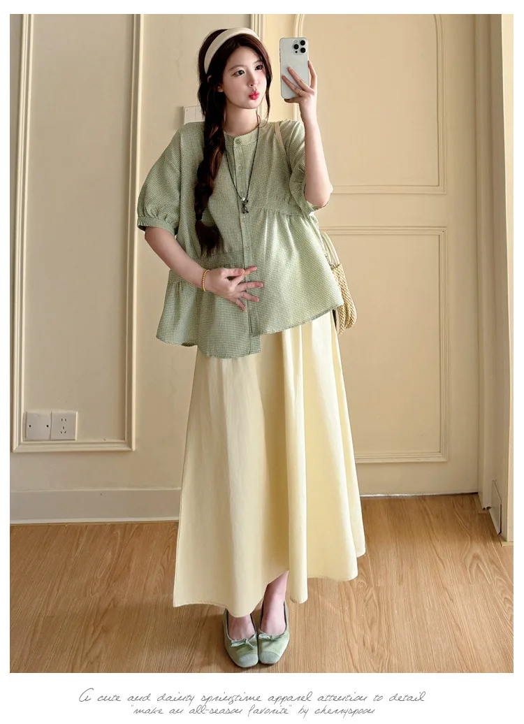Maternity Suit Summer 2026 Green plaid doll shirt and Beige A Line Skirt Two Piece Set Gentle Cute For Pregnant Women