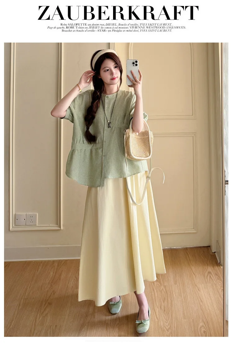 Maternity Suit Summer 2026 Green plaid doll shirt and Beige A Line Skirt Two Piece Set Gentle Cute For Pregnant Women