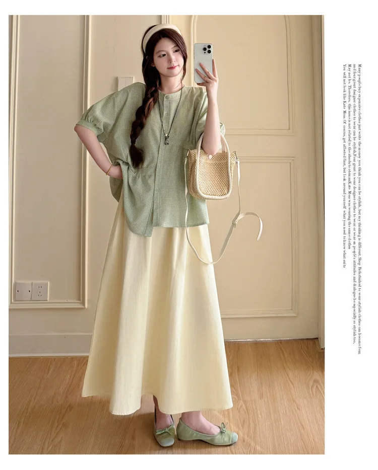Maternity Suit Summer 2026 Green plaid doll shirt and Beige A Line Skirt Two Piece Set Gentle Cute For Pregnant Women