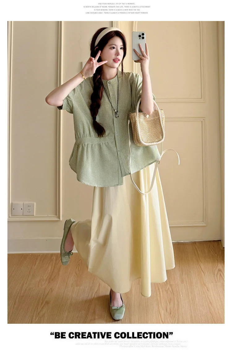 Maternity Suit Summer 2026 Green plaid doll shirt and Beige A Line Skirt Two Piece Set Gentle Cute For Pregnant Women