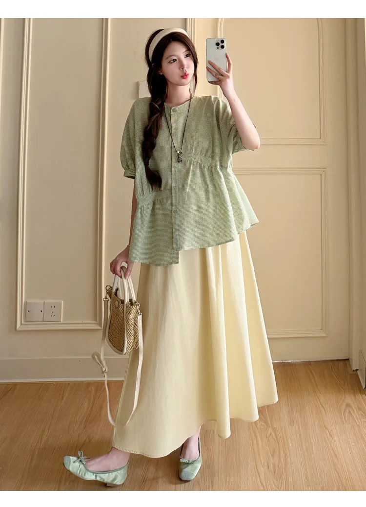 Maternity Suit Summer 2026 Green plaid doll shirt and Beige A Line Skirt Two Piece Set Gentle Cute For Pregnant Women