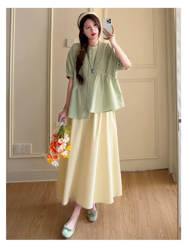 Maternity Suit Summer 2026 Green plaid doll shirt and Beige A Line Skirt Two Piece Set Gentle Cute For Pregnant Women