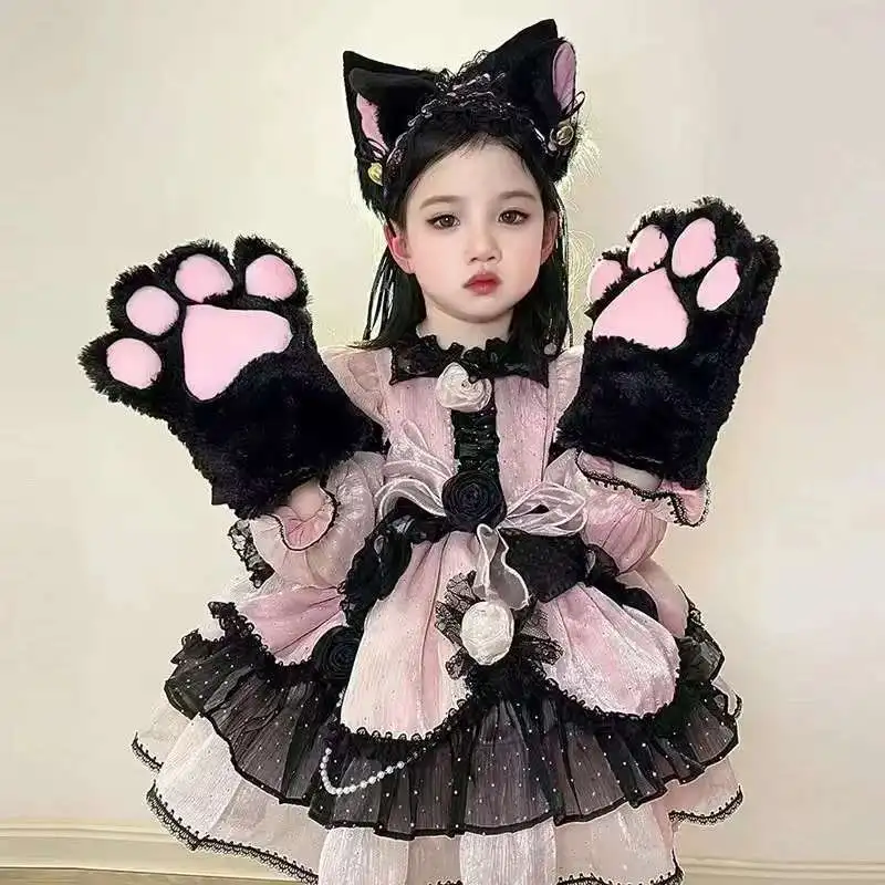 Cute Girl Lolita Dresses Birthday Party Children Dress Long Sleeves Flower High Quality Patchwork Kids Clothing Ball Gown