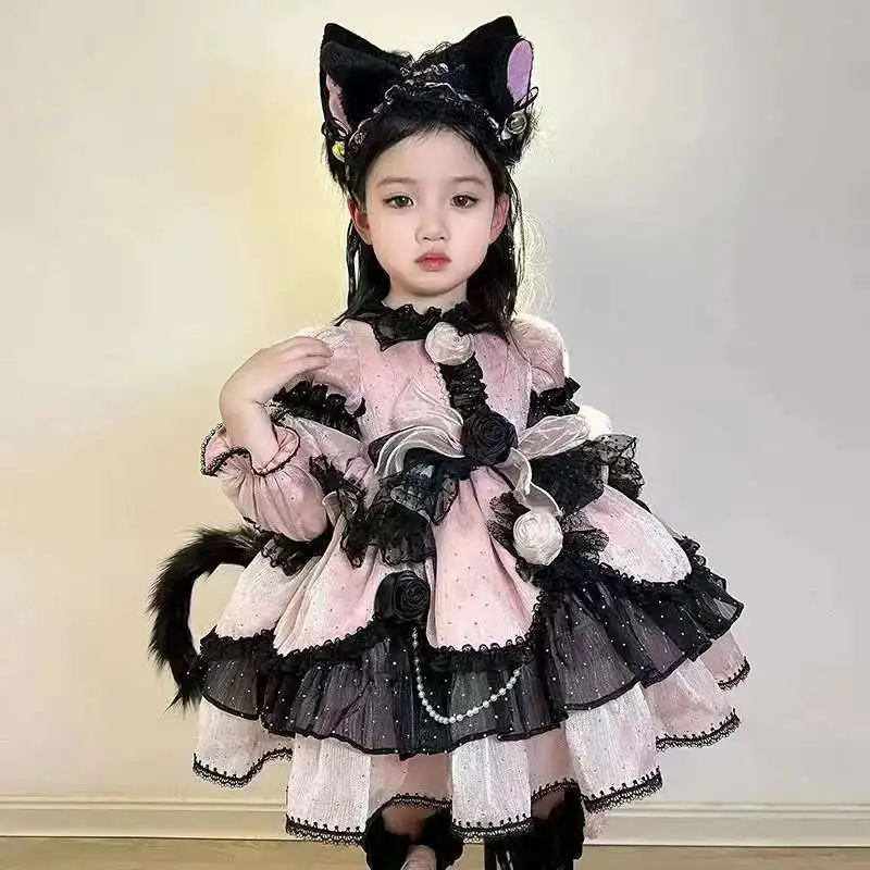 Cute Girl Lolita Dresses Birthday Party Children Dress Long Sleeves Flower High Quality Patchwork Kids Clothing Ball Gown