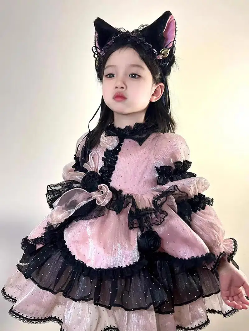 Cute Girl Lolita Dresses Birthday Party Children Dress Long Sleeves Flower High Quality Patchwork Kids Clothing Ball Gown