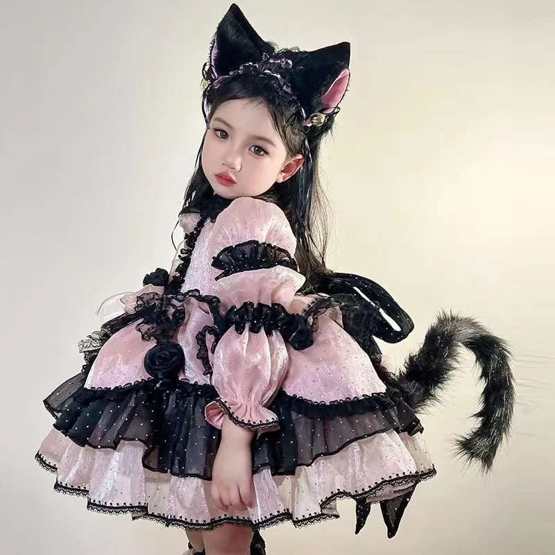 Cute Girl Lolita Dresses Birthday Party Children Dress Long Sleeves Flower High Quality Patchwork Kids Clothing Ball Gown