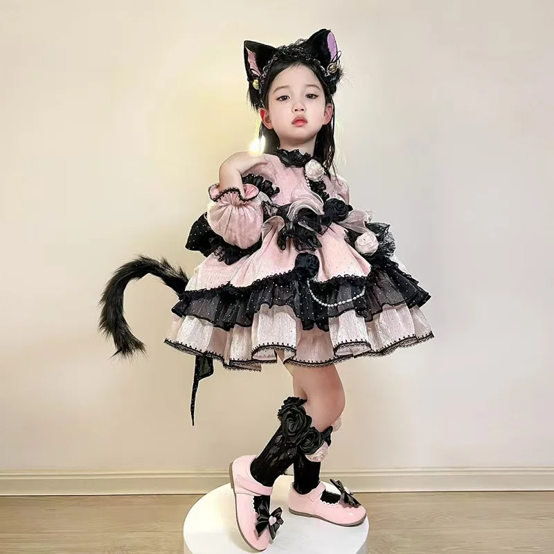 Cute Girl Lolita Dresses Birthday Party Children Dress Long Sleeves Flower High Quality Patchwork Kids Clothing Ball Gown