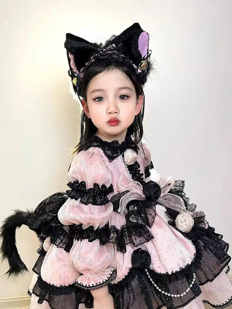 Cute Girl Lolita Dresses Birthday Party Children Dress Long Sleeves Flower High Quality Patchwork Kids Clothing Ball Gown