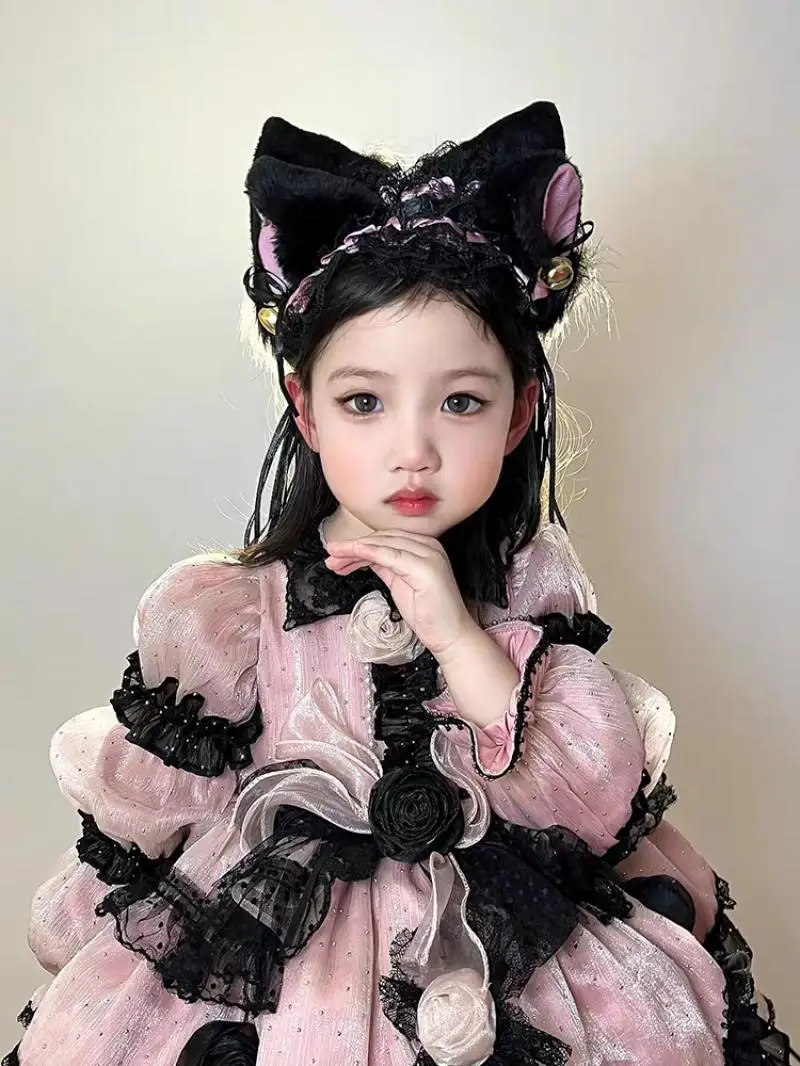 Cute Girl Lolita Dresses Birthday Party Children Dress Long Sleeves Flower High Quality Patchwork Kids Clothing Ball Gown