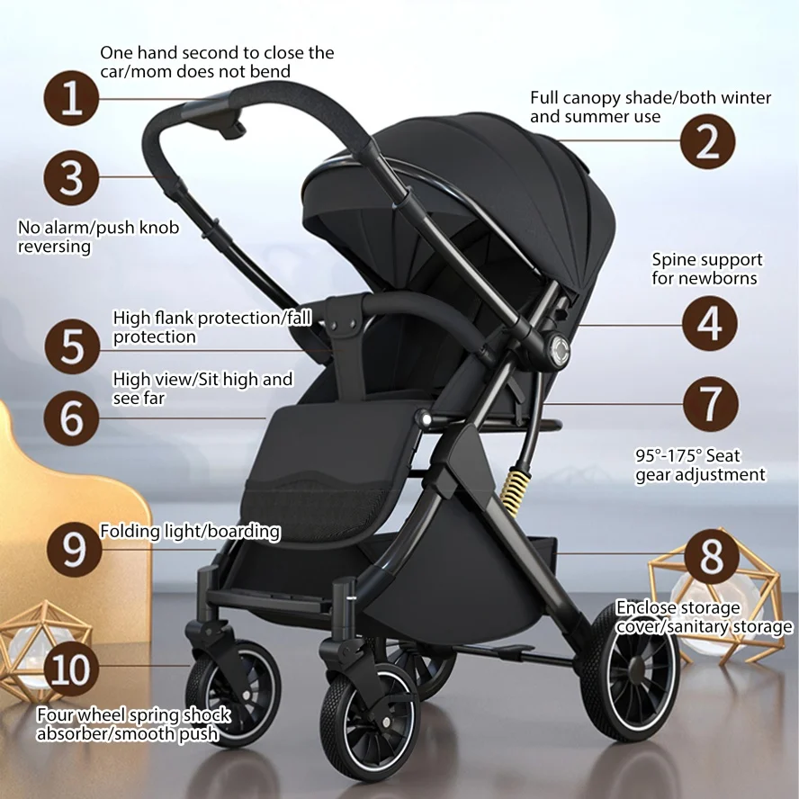OWJHE Luxurious Light High Landscape Baby Stroller leg-sapped Seat for Newborn One Hand reline Pushchair Pram Compact Size