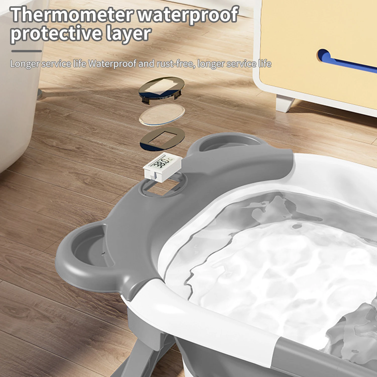 Foldable Silicone Infant Bath Tub Eco-Friendly Baby Bathtub Soft Cushion Thermometer Waterproof Digital Temperature Sensing