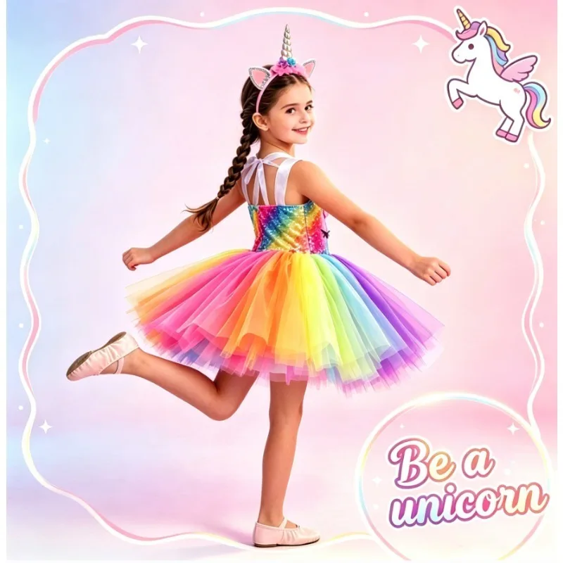 Girls Unicorn Princess Short Tulle Dress Cartoon Gown New Year Birthday Party Daily Performance Dress Up Outfit For Little Girls