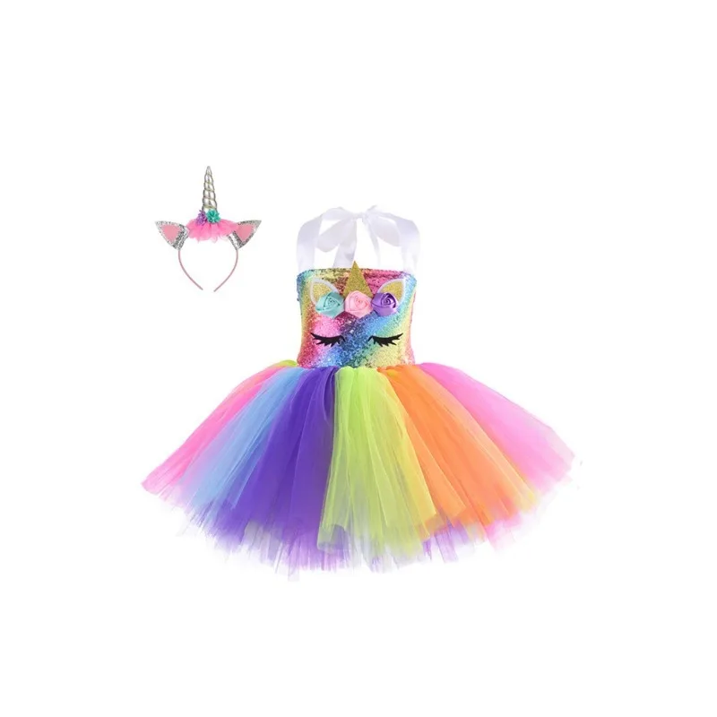 Girls Unicorn Princess Short Tulle Dress Cartoon Gown New Year Birthday Party Daily Performance Dress Up Outfit For Little Girls