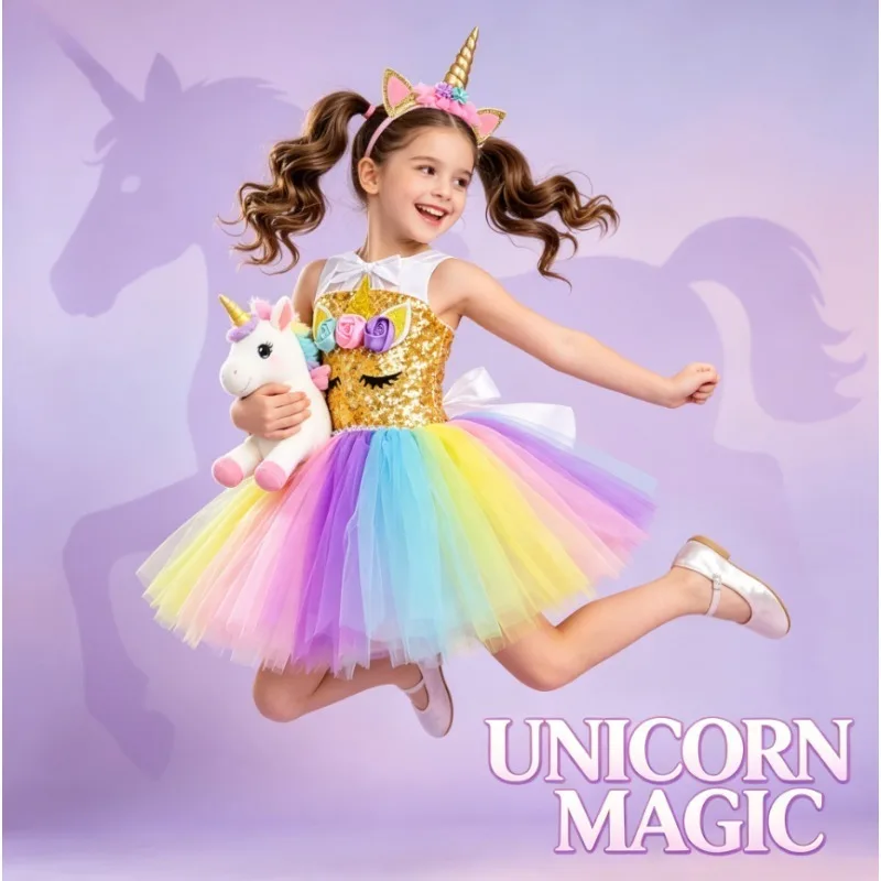 Girls Unicorn Princess Short Tulle Dress Cartoon Gown New Year Birthday Party Daily Performance Dress Up Outfit For Little Girls