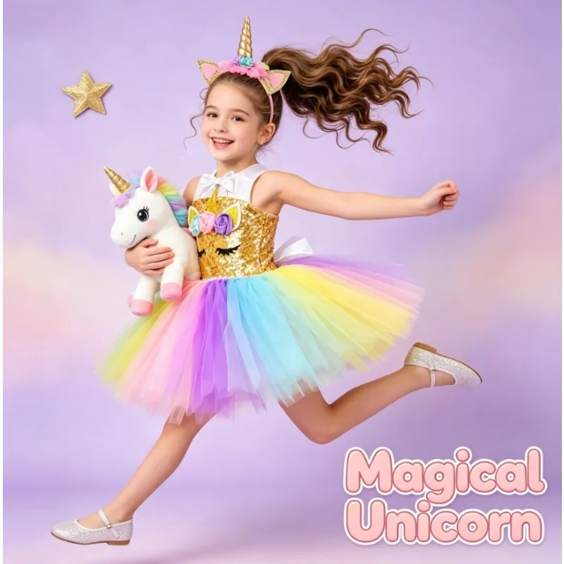 Girls Unicorn Princess Short Tulle Dress Cartoon Gown New Year Birthday Party Daily Performance Dress Up Outfit For Little Girls