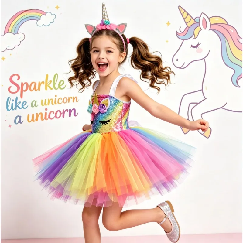Girls Unicorn Princess Short Tulle Dress Cartoon Gown New Year Birthday Party Daily Performance Dress Up Outfit For Little Girls