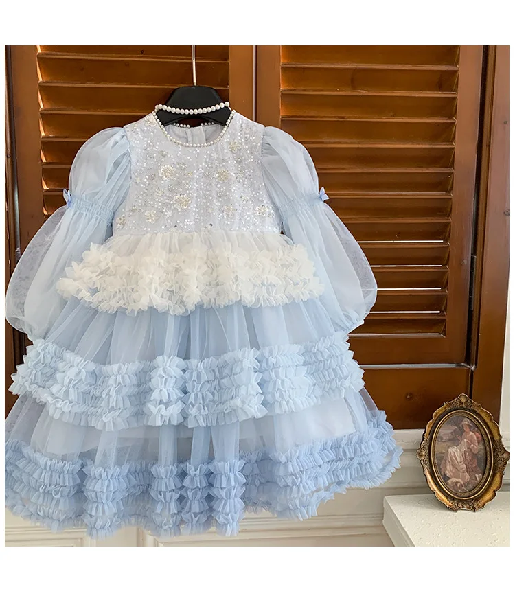 Girls Autumn Winter Fashion Puff Sleeves Dress Children Princess Dress Kids Long Sleeve Puffy Diamond Fragments Tulle Cake Dress