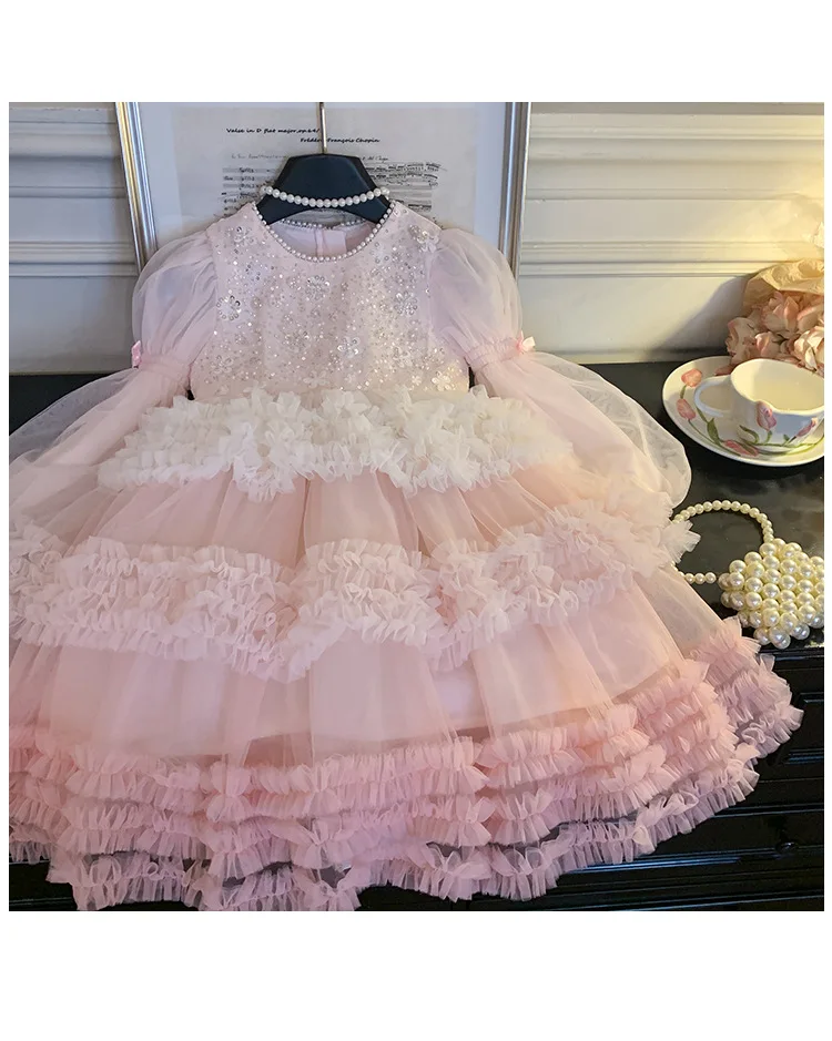 Girls Autumn Winter Fashion Puff Sleeves Dress Children Princess Dress Kids Long Sleeve Puffy Diamond Fragments Tulle Cake Dress
