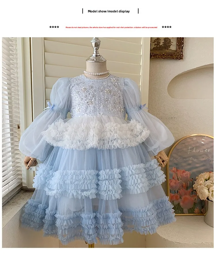 Girls Autumn Winter Fashion Puff Sleeves Dress Children Princess Dress Kids Long Sleeve Puffy Diamond Fragments Tulle Cake Dress