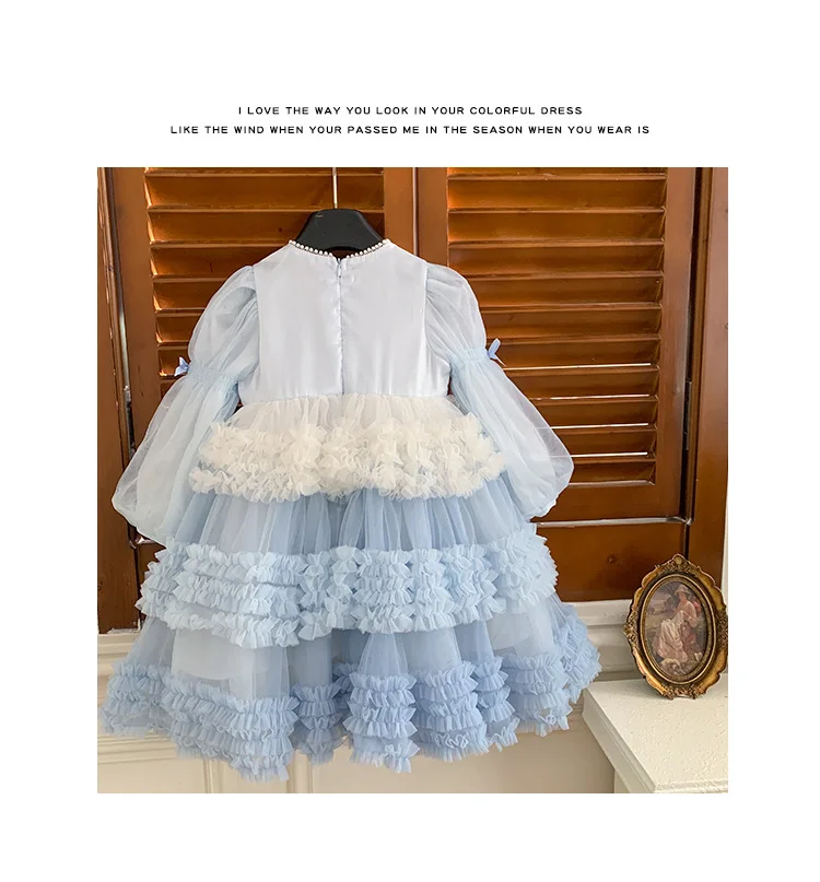 Girls Autumn Winter Fashion Puff Sleeves Dress Children Princess Dress Kids Long Sleeve Puffy Diamond Fragments Tulle Cake Dress