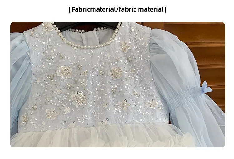 Girls Autumn Winter Fashion Puff Sleeves Dress Children Princess Dress Kids Long Sleeve Puffy Diamond Fragments Tulle Cake Dress