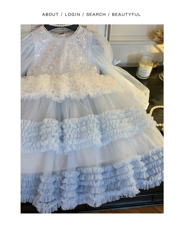 Girls Autumn Winter Fashion Puff Sleeves Dress Children Princess Dress Kids Long Sleeve Puffy Diamond Fragments Tulle Cake Dress