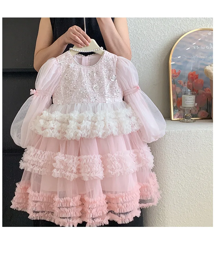 Girls Autumn Winter Fashion Puff Sleeves Dress Children Princess Dress Kids Long Sleeve Puffy Diamond Fragments Tulle Cake Dress