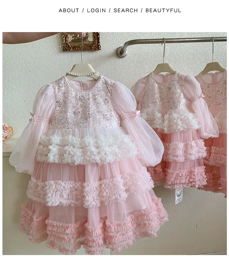 Girls Autumn Winter Fashion Puff Sleeves Dress Children Princess Dress Kids Long Sleeve Puffy Diamond Fragments Tulle Cake Dress