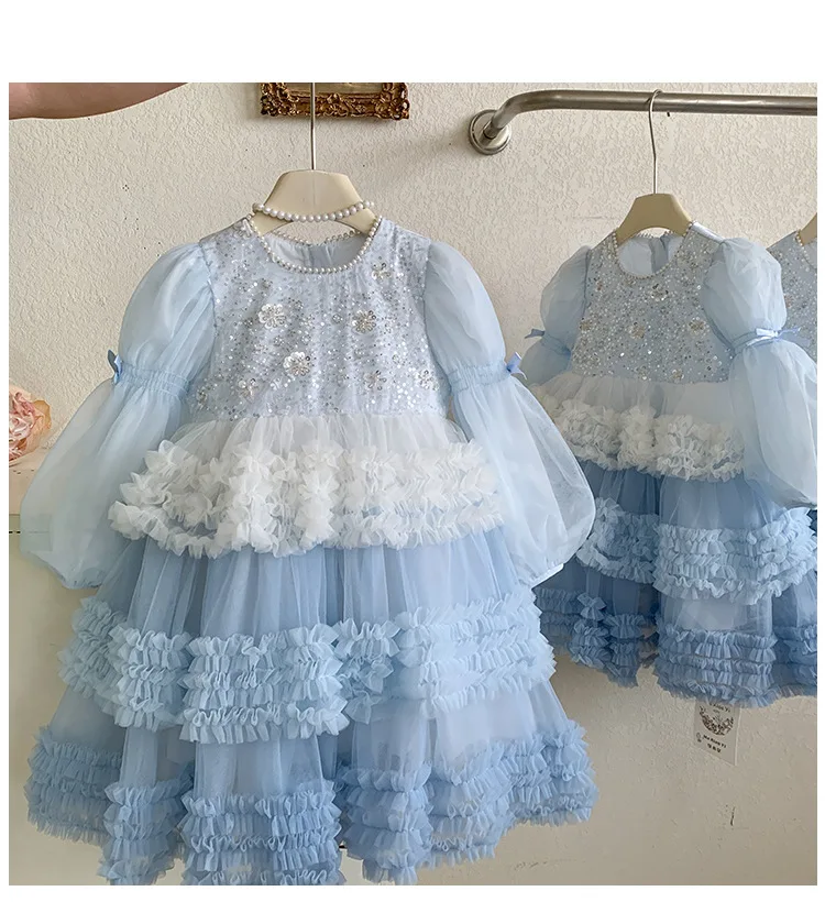 Girls Autumn Winter Fashion Puff Sleeves Dress Children Princess Dress Kids Long Sleeve Puffy Diamond Fragments Tulle Cake Dress
