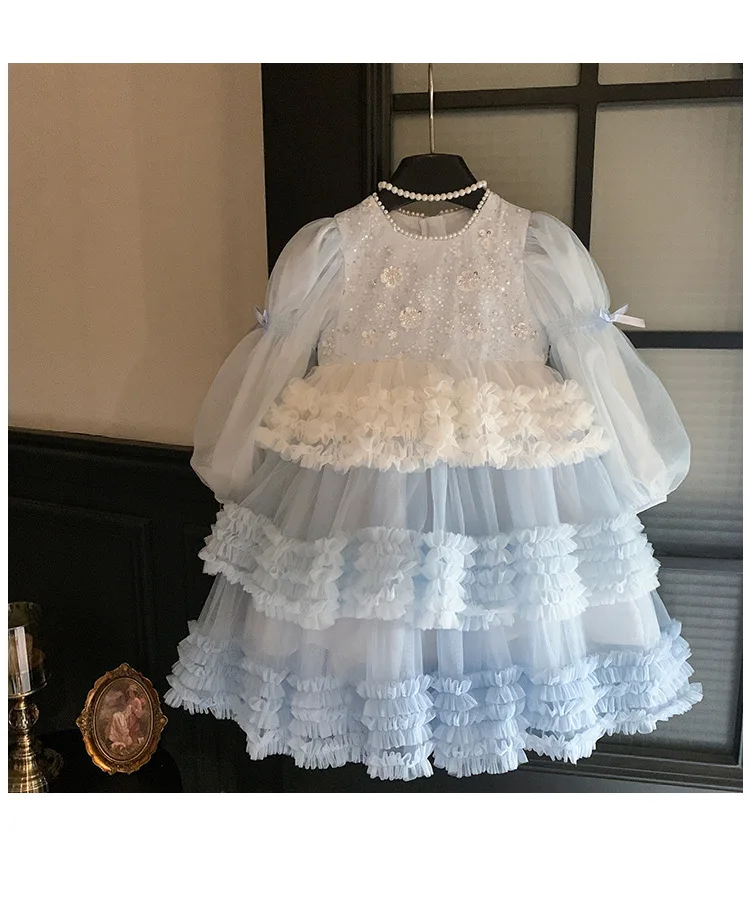 Girls Autumn Winter Fashion Puff Sleeves Dress Children Princess Dress Kids Long Sleeve Puffy Diamond Fragments Tulle Cake Dress