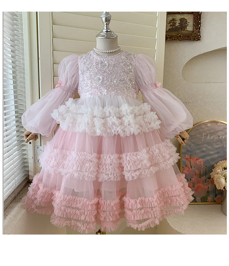 Girls Autumn Winter Fashion Puff Sleeves Dress Children Princess Dress Kids Long Sleeve Puffy Diamond Fragments Tulle Cake Dress