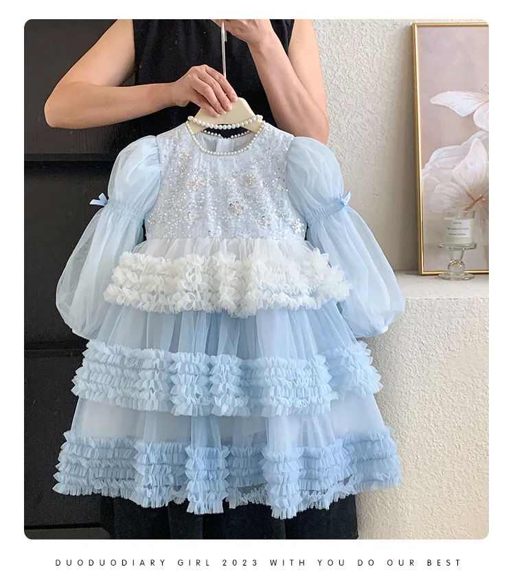 Girls Autumn Winter Fashion Puff Sleeves Dress Children Princess Dress Kids Long Sleeve Puffy Diamond Fragments Tulle Cake Dress