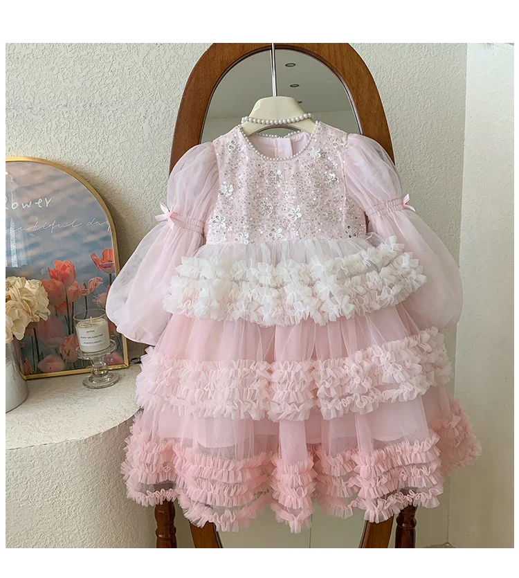 Girls Autumn Winter Fashion Puff Sleeves Dress Children Princess Dress Kids Long Sleeve Puffy Diamond Fragments Tulle Cake Dress