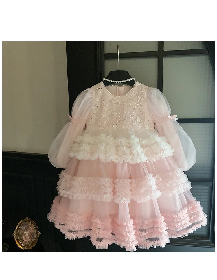 Girls Autumn Winter Fashion Puff Sleeves Dress Children Princess Dress Kids Long Sleeve Puffy Diamond Fragments Tulle Cake Dress
