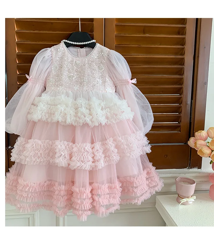 Girls Autumn Winter Fashion Puff Sleeves Dress Children Princess Dress Kids Long Sleeve Puffy Diamond Fragments Tulle Cake Dress