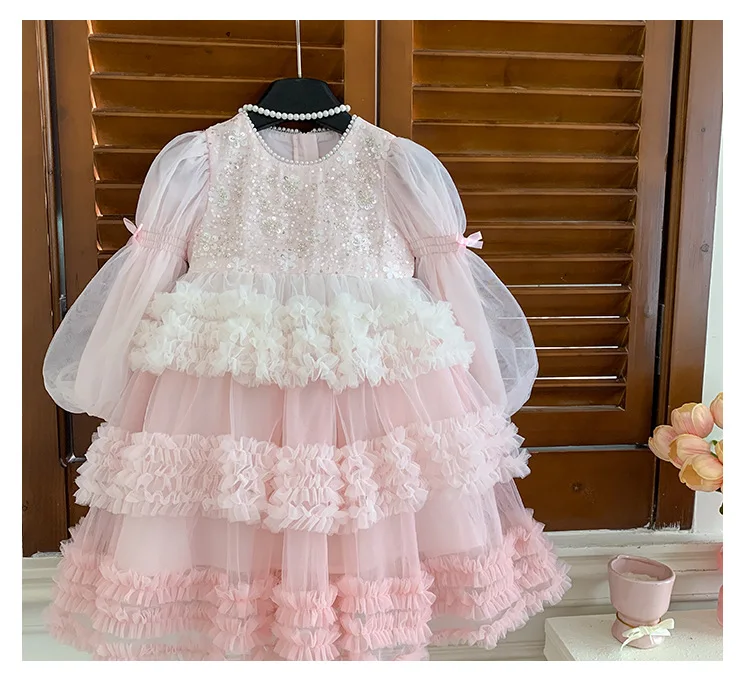 Girls Autumn Winter Fashion Puff Sleeves Dress Children Princess Dress Kids Long Sleeve Puffy Diamond Fragments Tulle Cake Dress