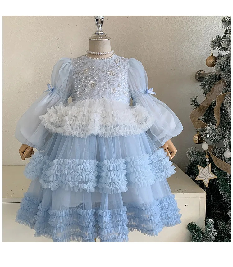 Girls Autumn Winter Fashion Puff Sleeves Dress Children Princess Dress Kids Long Sleeve Puffy Diamond Fragments Tulle Cake Dress