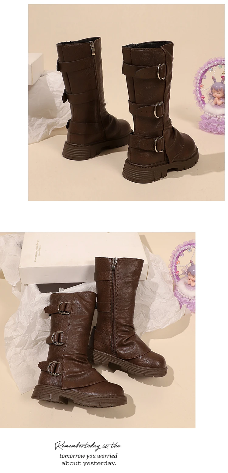 Little Girls Platform Leather Boots with Buckle Straps 2025 New Winter Kid Fleece Mid-calf Boots Non-slip Chic Christmas Party