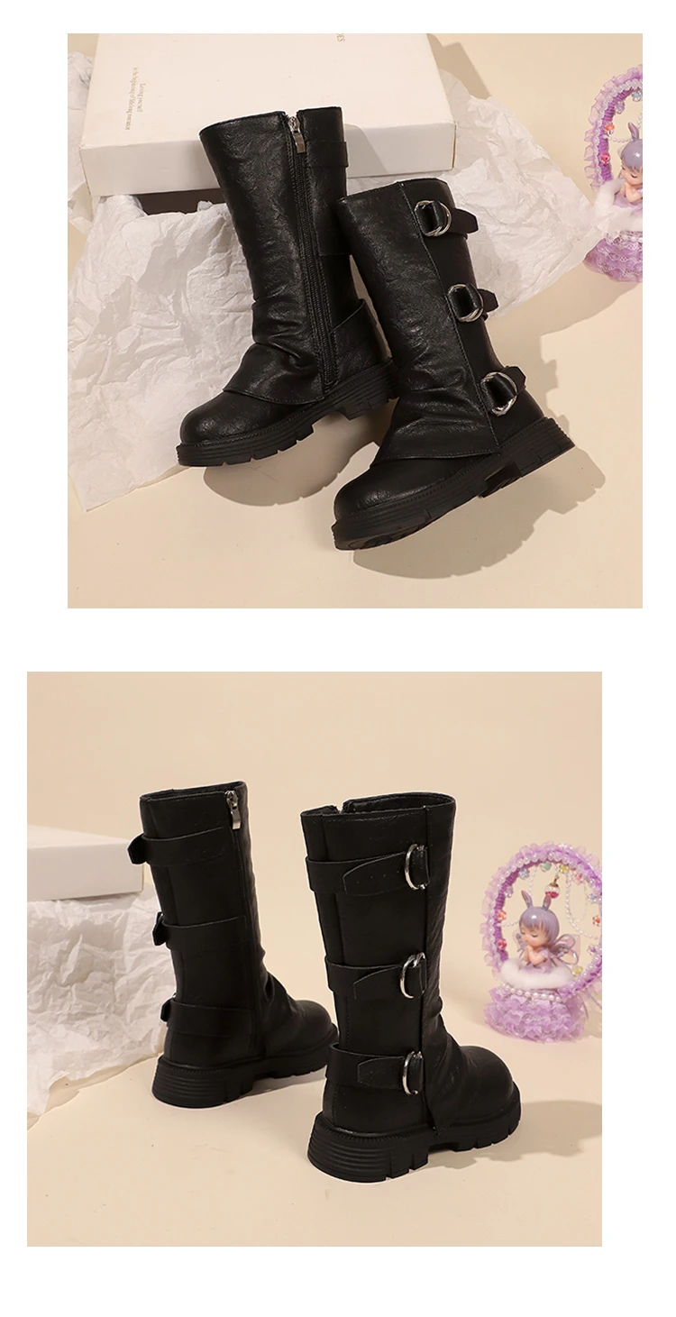 Little Girls Platform Leather Boots with Buckle Straps 2025 New Winter Kid Fleece Mid-calf Boots Non-slip Chic Christmas Party