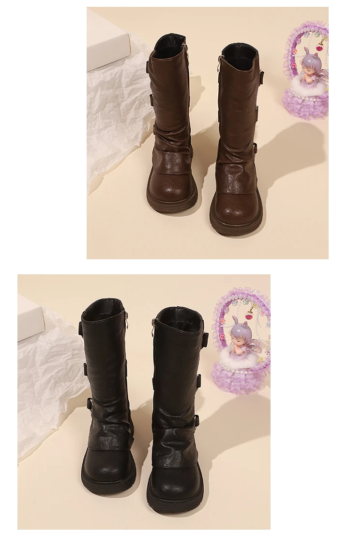 Little Girls Platform Leather Boots with Buckle Straps 2025 New Winter Kid Fleece Mid-calf Boots Non-slip Chic Christmas Party