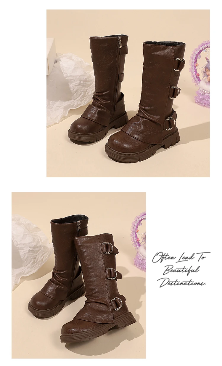 Little Girls Platform Leather Boots with Buckle Straps 2025 New Winter Kid Fleece Mid-calf Boots Non-slip Chic Christmas Party