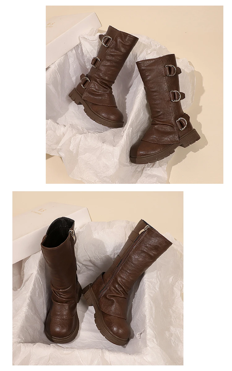 Little Girls Platform Leather Boots with Buckle Straps 2025 New Winter Kid Fleece Mid-calf Boots Non-slip Chic Christmas Party