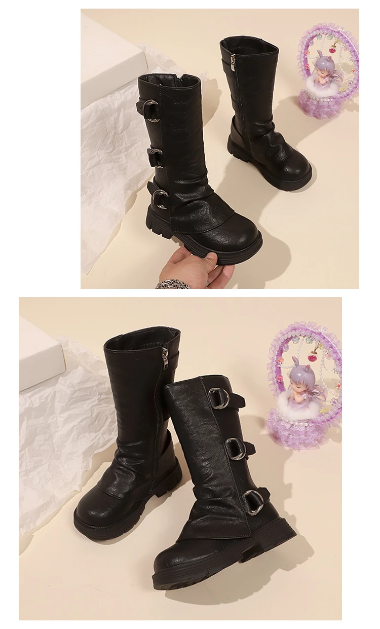 Little Girls Platform Leather Boots with Buckle Straps 2025 New Winter Kid Fleece Mid-calf Boots Non-slip Chic Christmas Party