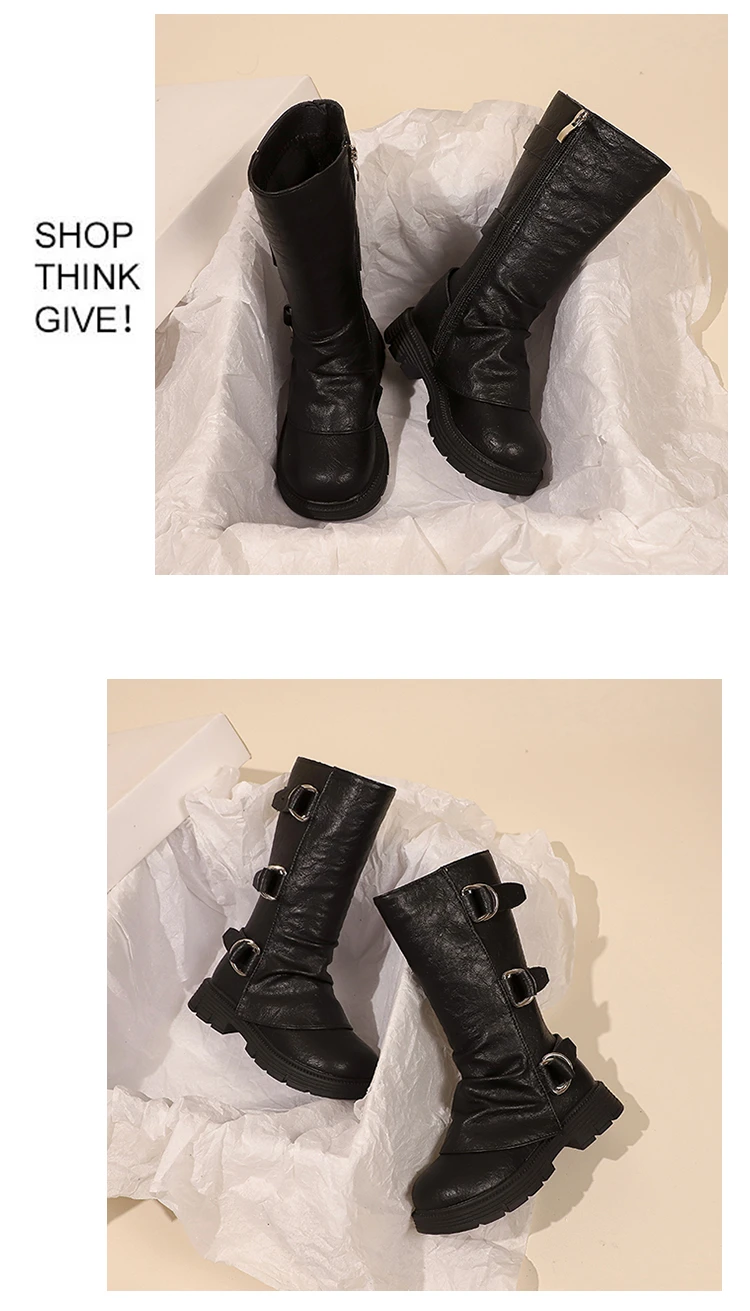Little Girls Platform Leather Boots with Buckle Straps 2025 New Winter Kid Fleece Mid-calf Boots Non-slip Chic Christmas Party