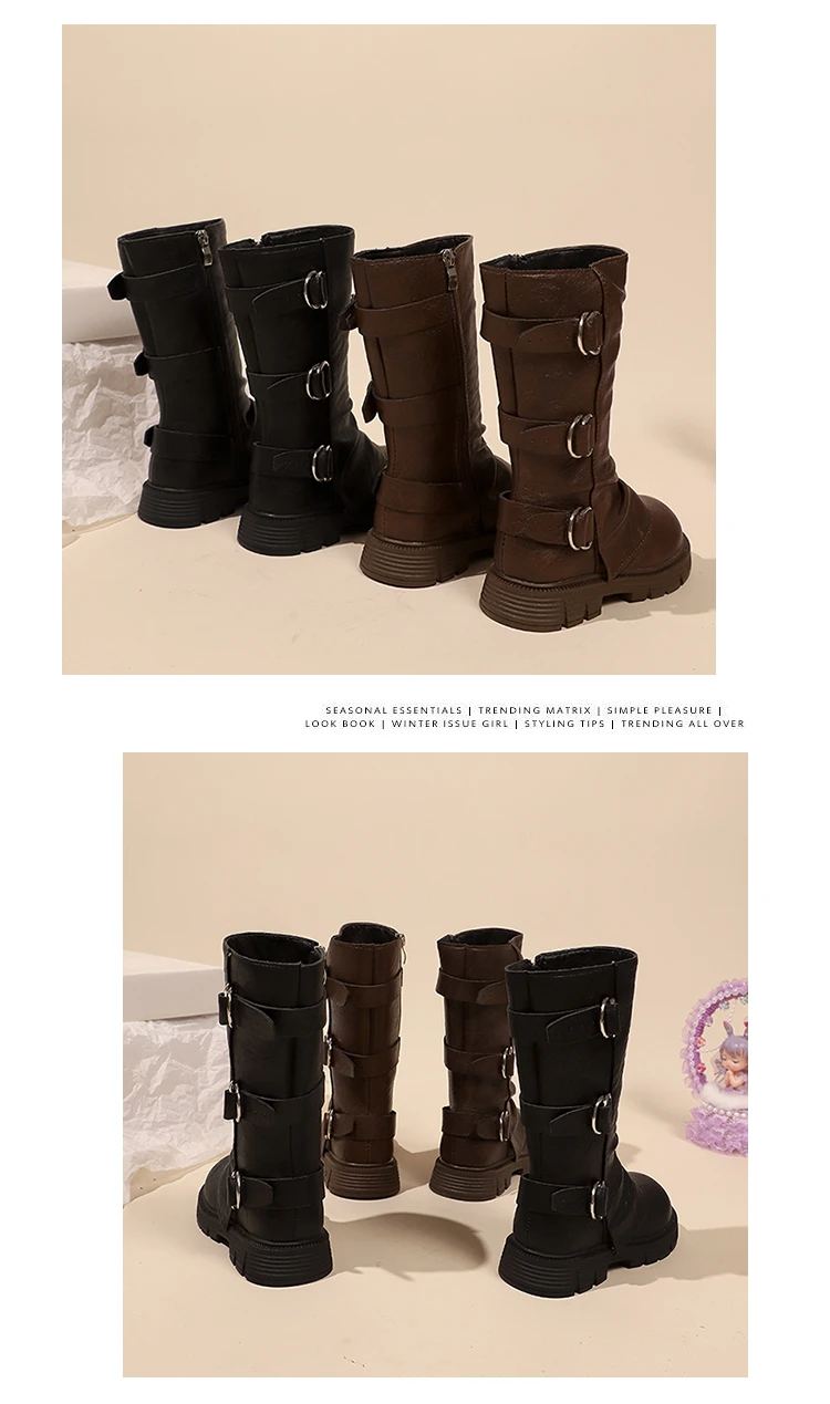 Little Girls Platform Leather Boots with Buckle Straps 2025 New Winter Kid Fleece Mid-calf Boots Non-slip Chic Christmas Party