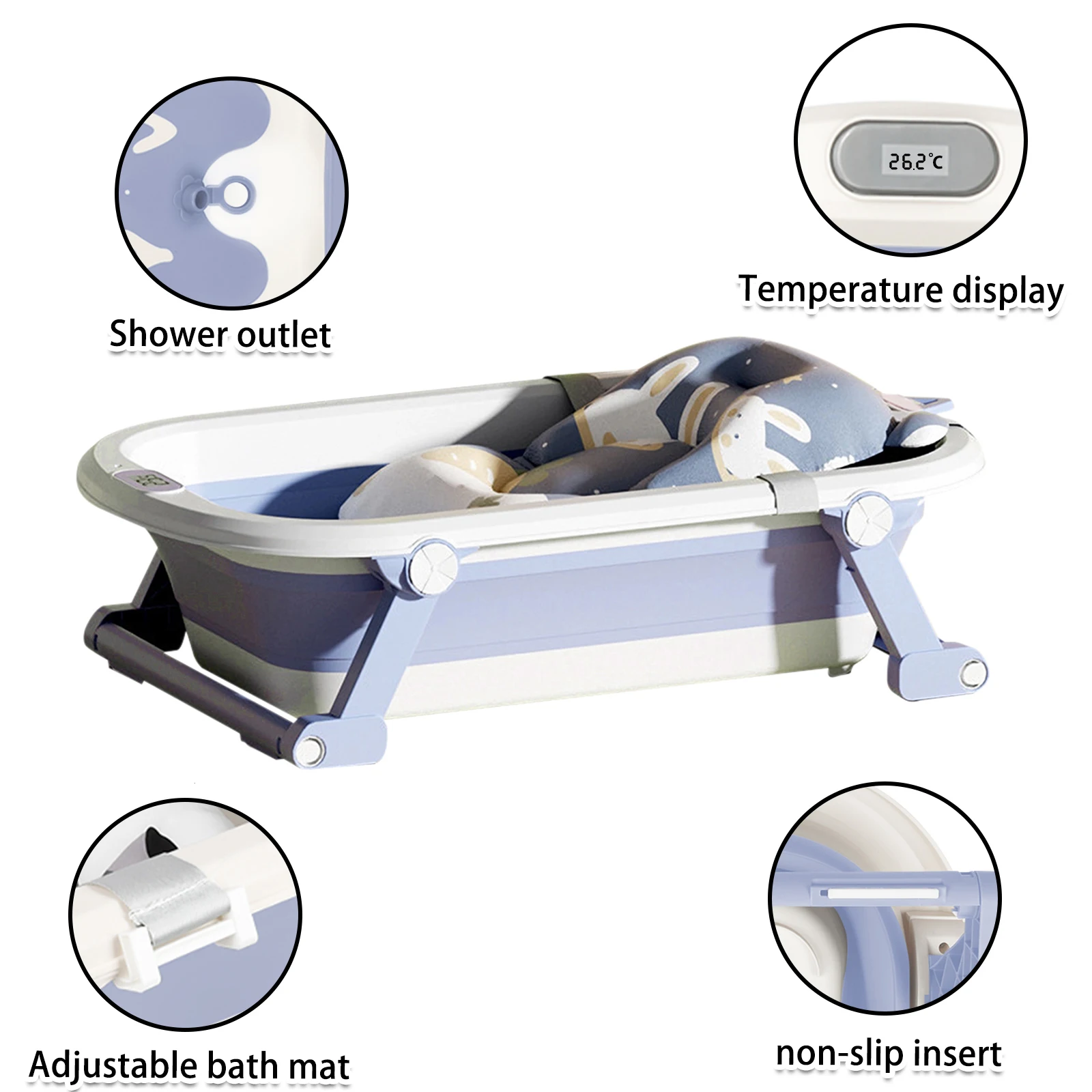 Baby Bathtub, Foldable Baby Bathtub with Thermometer and Bath Mat, Non-Slip Portable Travel Baby Bathtub, 0-36 Months