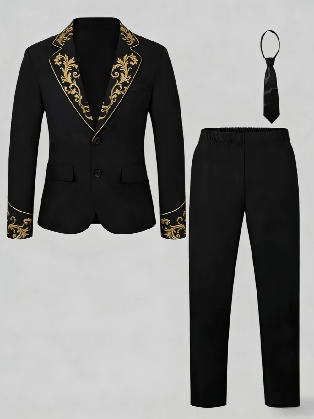Golden Jacquard Suit Set 3 Pieces Jacket Pant Tie For Birthday Party Class Smart Kids Slim Fit Tuxedo Piano Performance Wear
