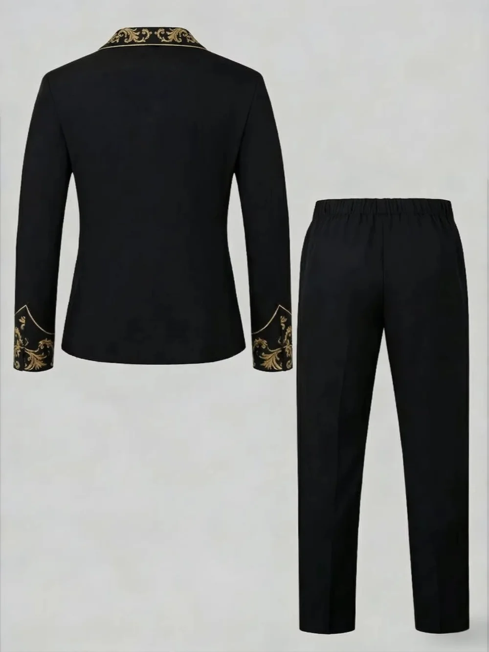 Golden Jacquard Suit Set 3 Pieces Jacket Pant Tie For Birthday Party Class Smart Kids Slim Fit Tuxedo Piano Performance Wear