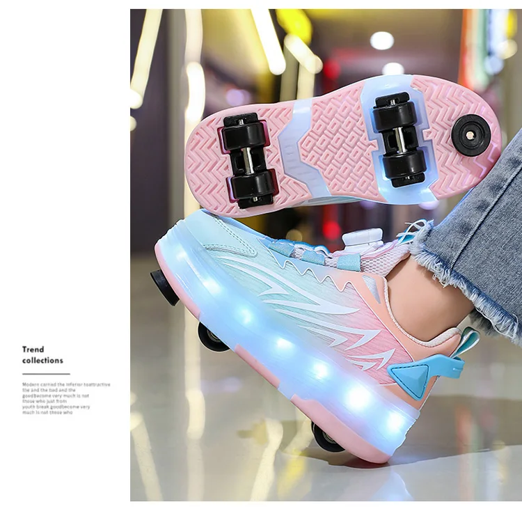 USB Rechargeable LED Light Up Roller Skates for Kids Teens Adjustable Children Boys Girls Sport Skating Shoes with Four Wheels